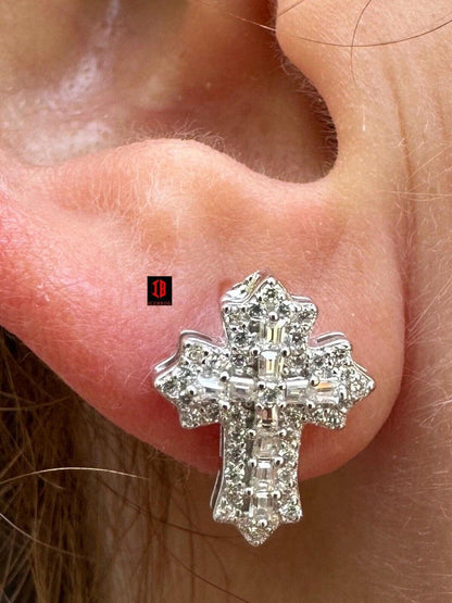 CZ  WHITE  gold Gothic Cross Large Earrings Real 925 Silver Iced Moissanite Hip Hop Mens Ladies