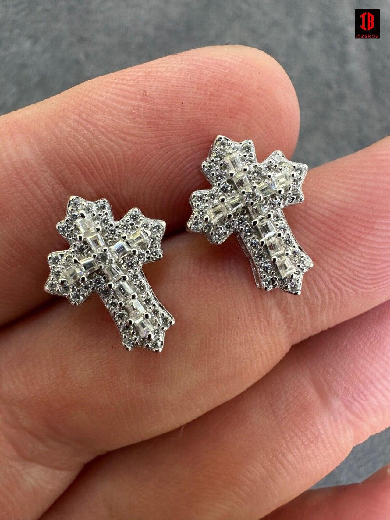 yellow gold Gothic Cross Large Earrings Real 925 Silver Iced Moissanite Hip Hop Mens Ladies