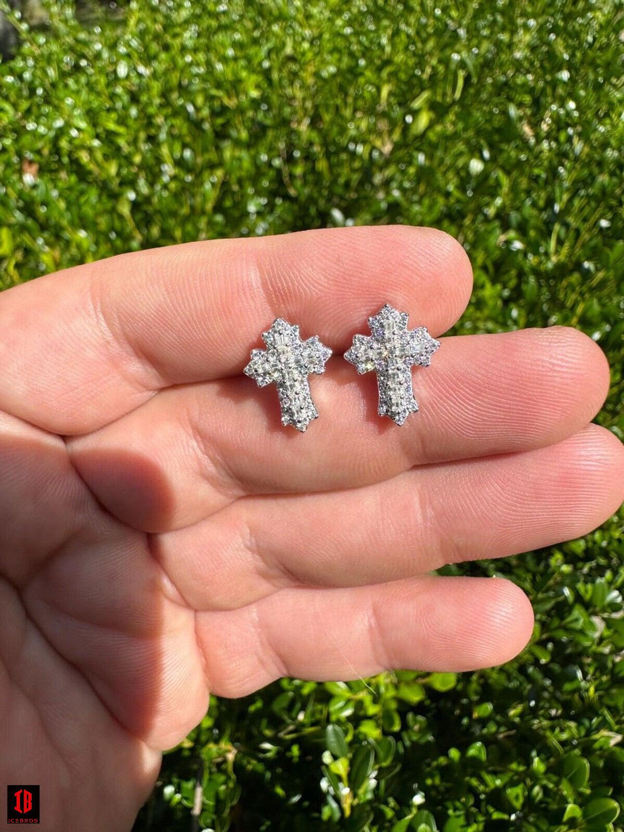 Gothic Cross Large Earrings Real 925 Silver Iced Moissanite Hip Hop Mens Ladies