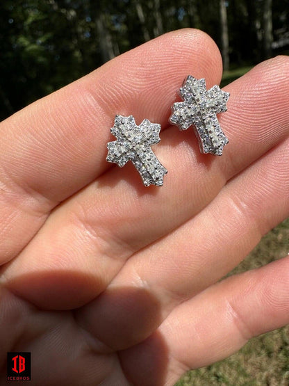 yellow gold Gothic Cross Large Earrings Real 925 Silver Iced Moissanite Hip Hop Mens Ladies