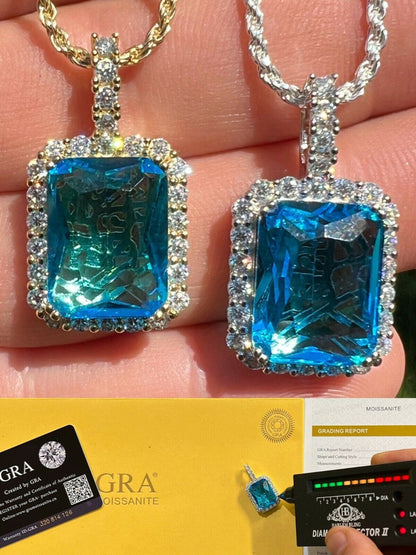Hip Hop Iced Moissanite & Blue Stone Bling Pendant Necklace Pass Diamond Test