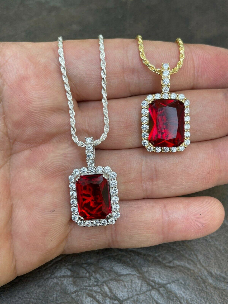 Men's Hip Hop Iced Moissanite Red Ruby Sapphire Emerald Topaz Charm Pendant Necklace 925 Sterling Silver - Flawless Karat