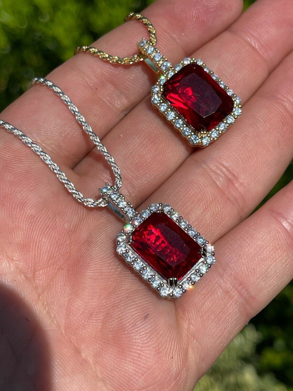 Men's Hip Hop Iced Moissanite Red Ruby Sapphire Emerald Topaz Charm Pendant Necklace 925 Sterling Silver - Flawless Karat