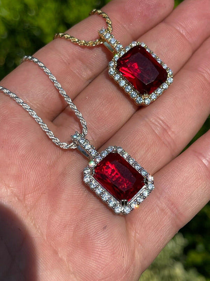 Men's Hip Hop Iced Moissanite Red Ruby Sapphire Emerald Topaz Charm Pendant Necklace 925 Sterling Silver - Flawless Karat