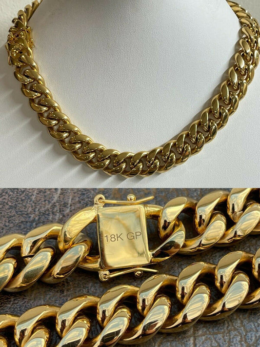 Miami Cuban Link Choker Chain Real 18k Gold Over Stainless Steel Hip Hop 18" 20"