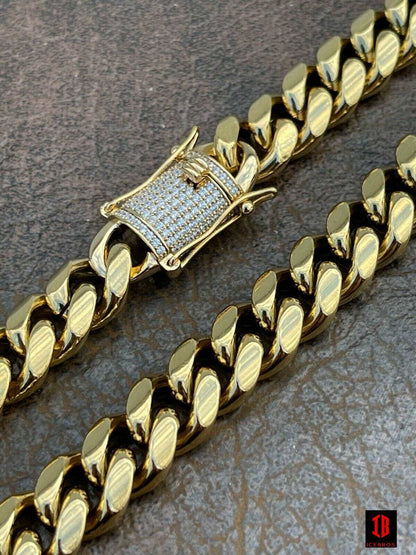 (12MM) 14K-18K Gold Plated Stainless Steel Cuban Link Chain CZ Diamond Lock 8-14MM