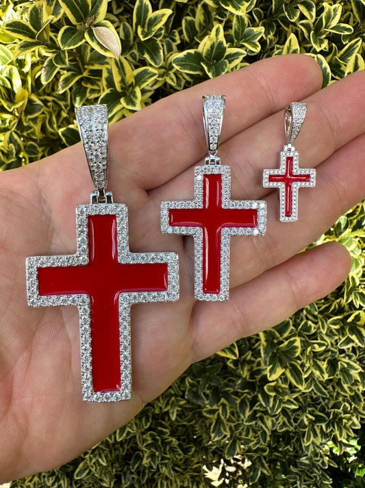 MOISSANITE Cross Pendant Iced Necklace Blood Red Enamel Real 925 Silver 3 Sizes