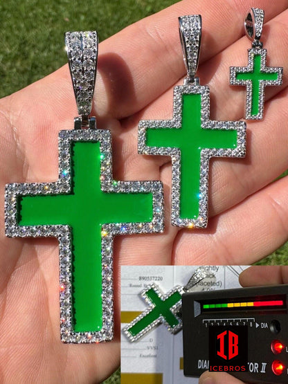 MOISSANITE Cross Pendant Iced Necklace Green Enamel Real 925 Silver - 3 Sizes