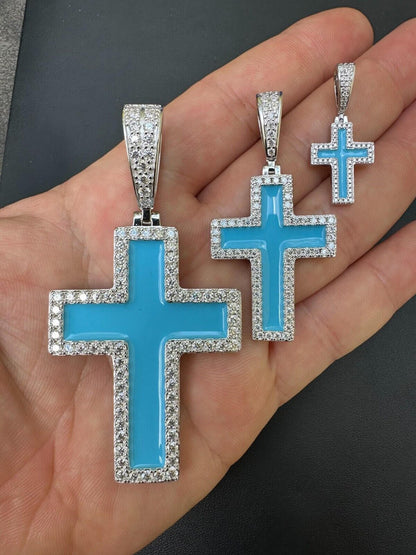 MOISSANITE Cross Pendant Iced Necklace Light Blue Enamel Real 925 Silver 3 Sizes