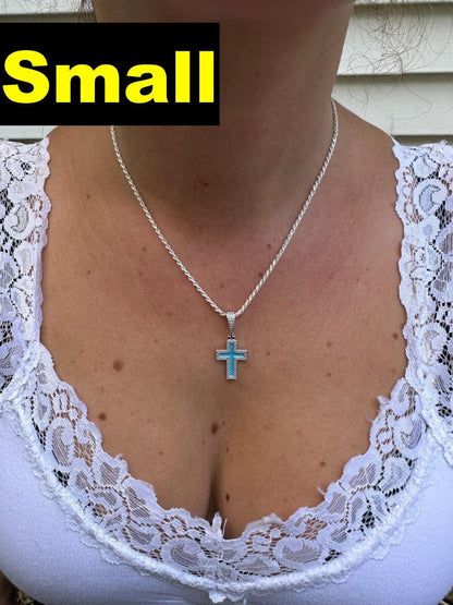 MOISSANITE Cross Pendant Iced Necklace Light Blue Enamel Real 925 Silver 3 Sizes