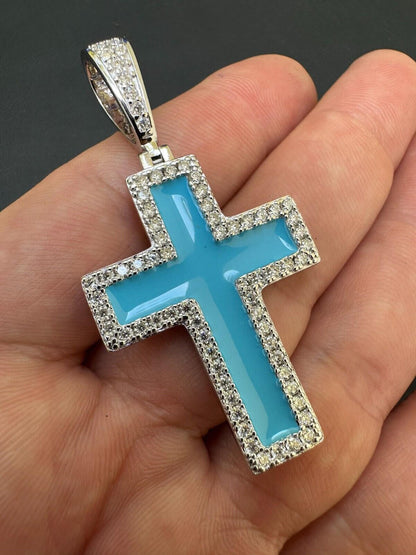 MOISSANITE Cross Pendant Iced Necklace Light Blue Enamel Real 925 Silver 3 Sizes