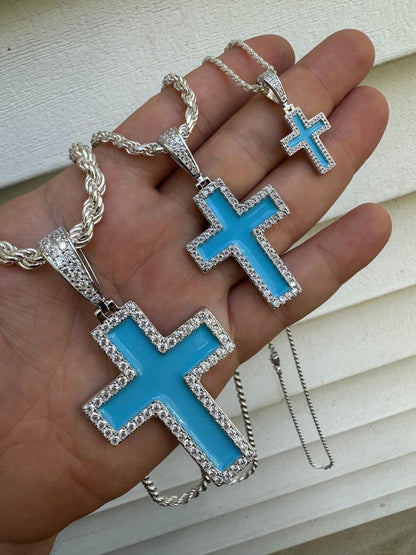 MOISSANITE Cross Pendant Iced Necklace Light Blue Enamel Real 925 Silver 3 Sizes