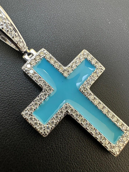 MOISSANITE Cross Pendant Iced Necklace Light Blue Enamel Real 925 Silver 3 Sizes