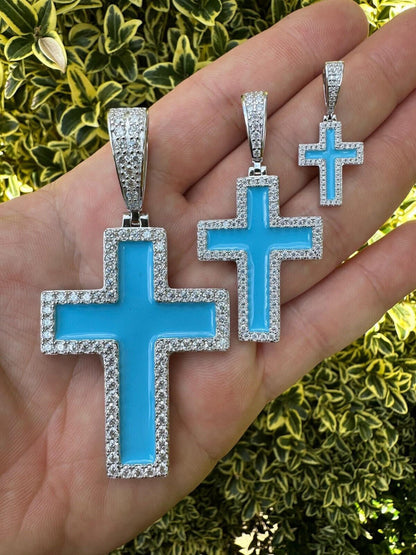 MOISSANITE Cross Pendant Iced Necklace Light Blue Enamel Real 925 Silver 3 Sizes