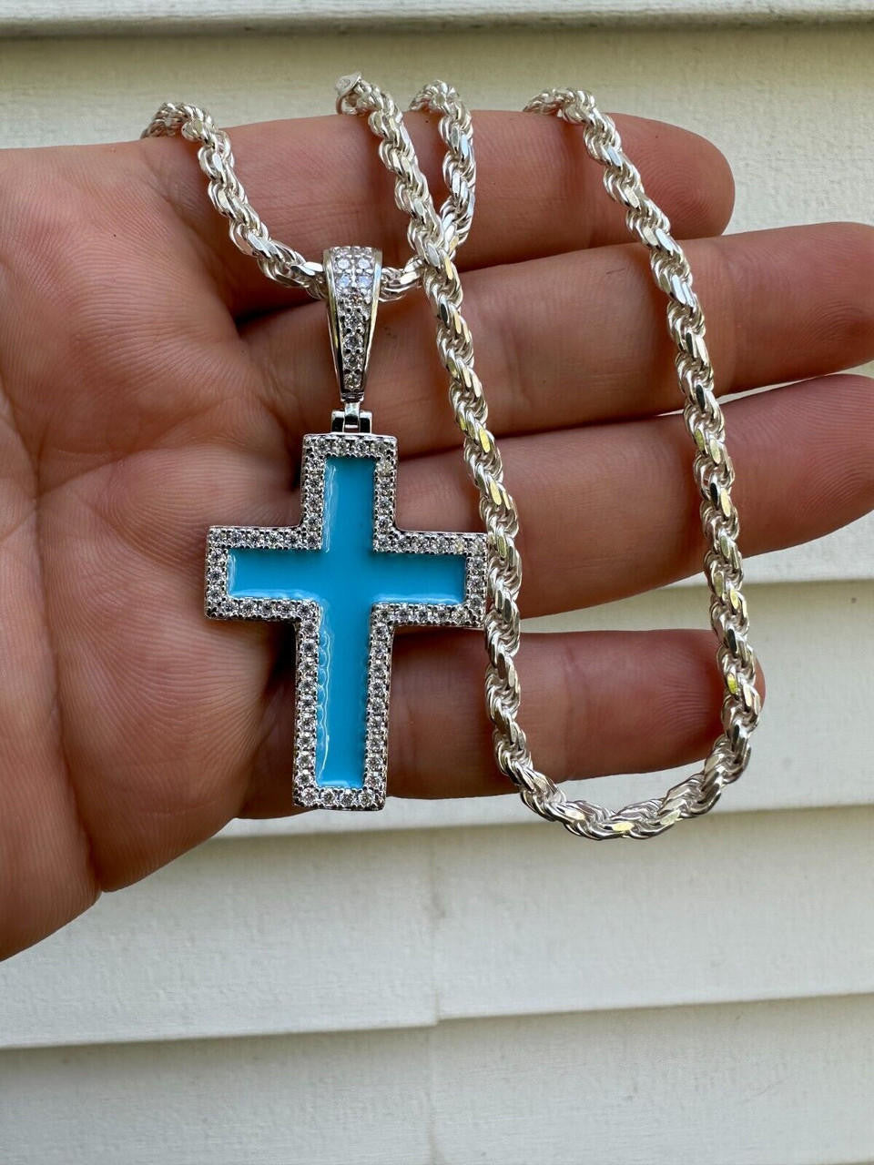 MOISSANITE Cross Pendant Iced Necklace Light Blue Enamel Real 925 Silver 3 Sizes