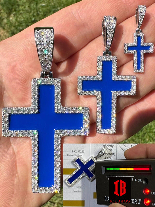 MOISSANITE Cross Pendant Iced Necklace Navy Blue Enamel Real 925 Silver 3 Sizes