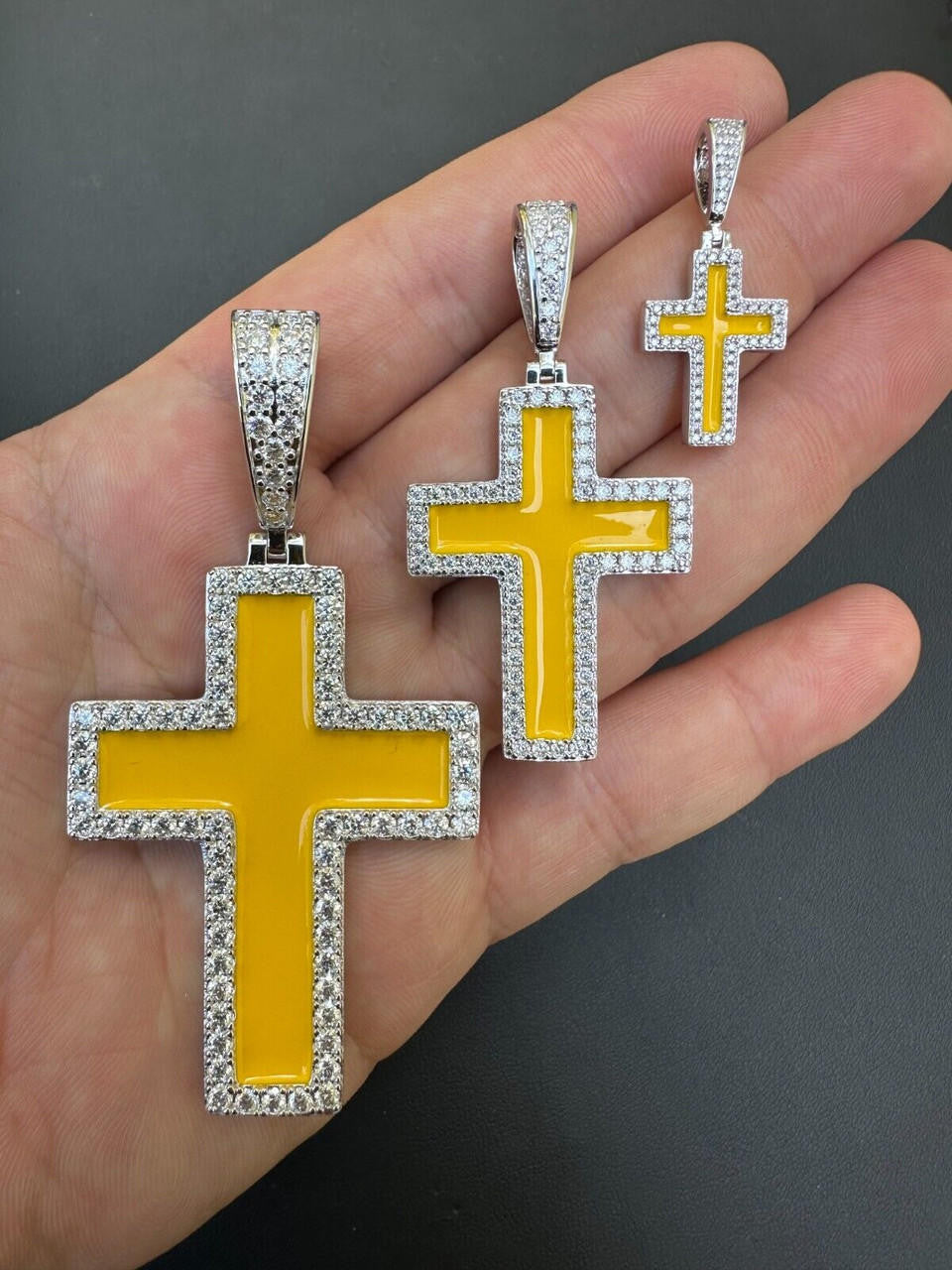 MOISSANITE Cross Pendant Iced Necklace Yellow Enamel Real 925 Silver 3 Sizes