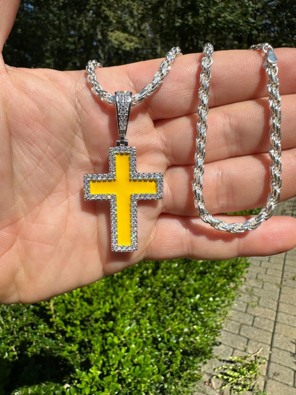 MOISSANITE Cross Pendant Iced Necklace Yellow Enamel Real 925 Silver 3 Sizes