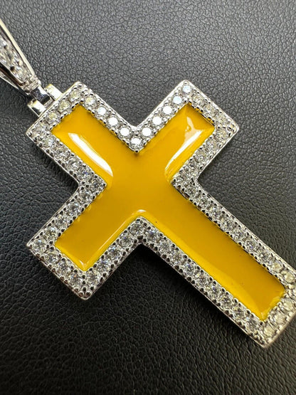 MOISSANITE Cross Pendant Iced Necklace Yellow Enamel Real 925 Silver 3 Sizes