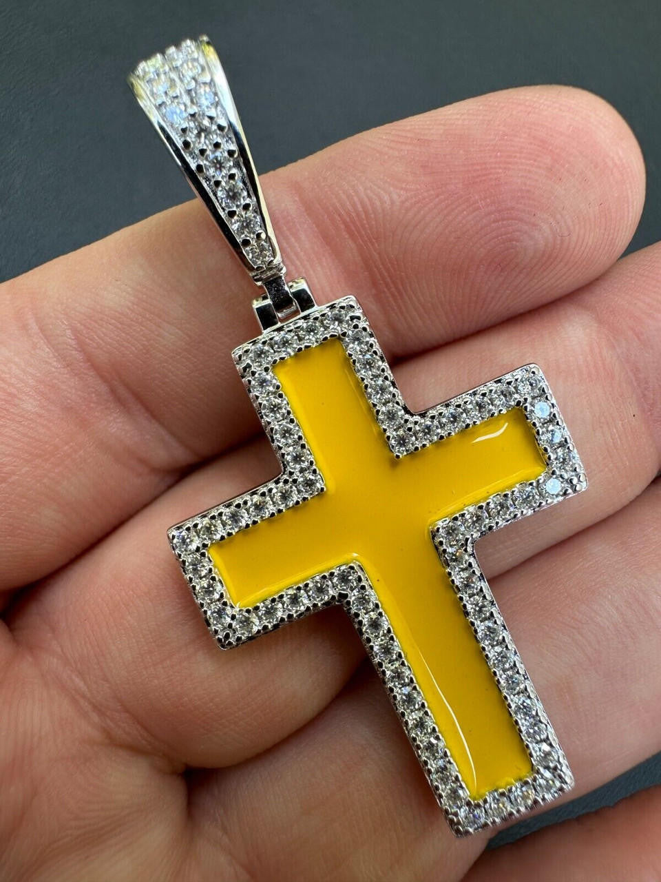 MOISSANITE Cross Pendant Iced Necklace Yellow Enamel Real 925 Silver 3 Sizes