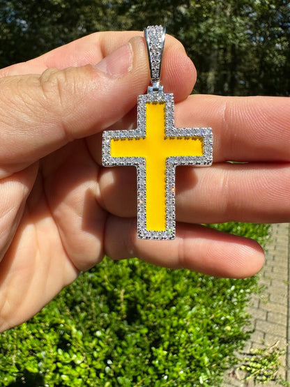 MOISSANITE Cross Pendant Iced Necklace Yellow Enamel Real 925 Silver 3 Sizes