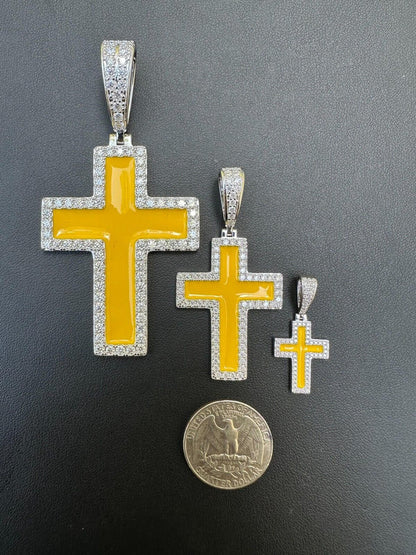 MOISSANITE Cross Pendant Iced Necklace Yellow Enamel Real 925 Silver 3 Sizes