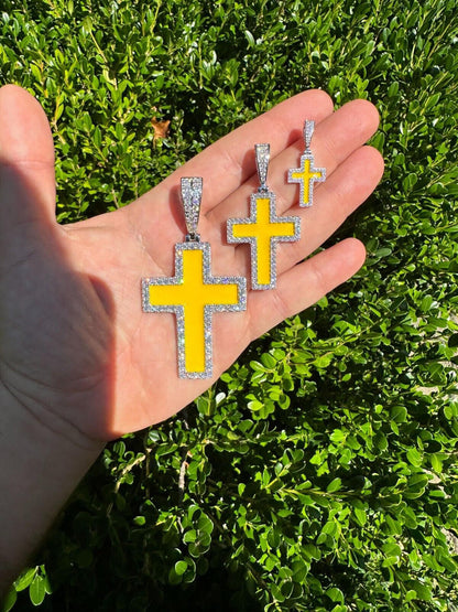 MOISSANITE Cross Pendant Iced Necklace Yellow Enamel Real 925 Silver 3 Sizes