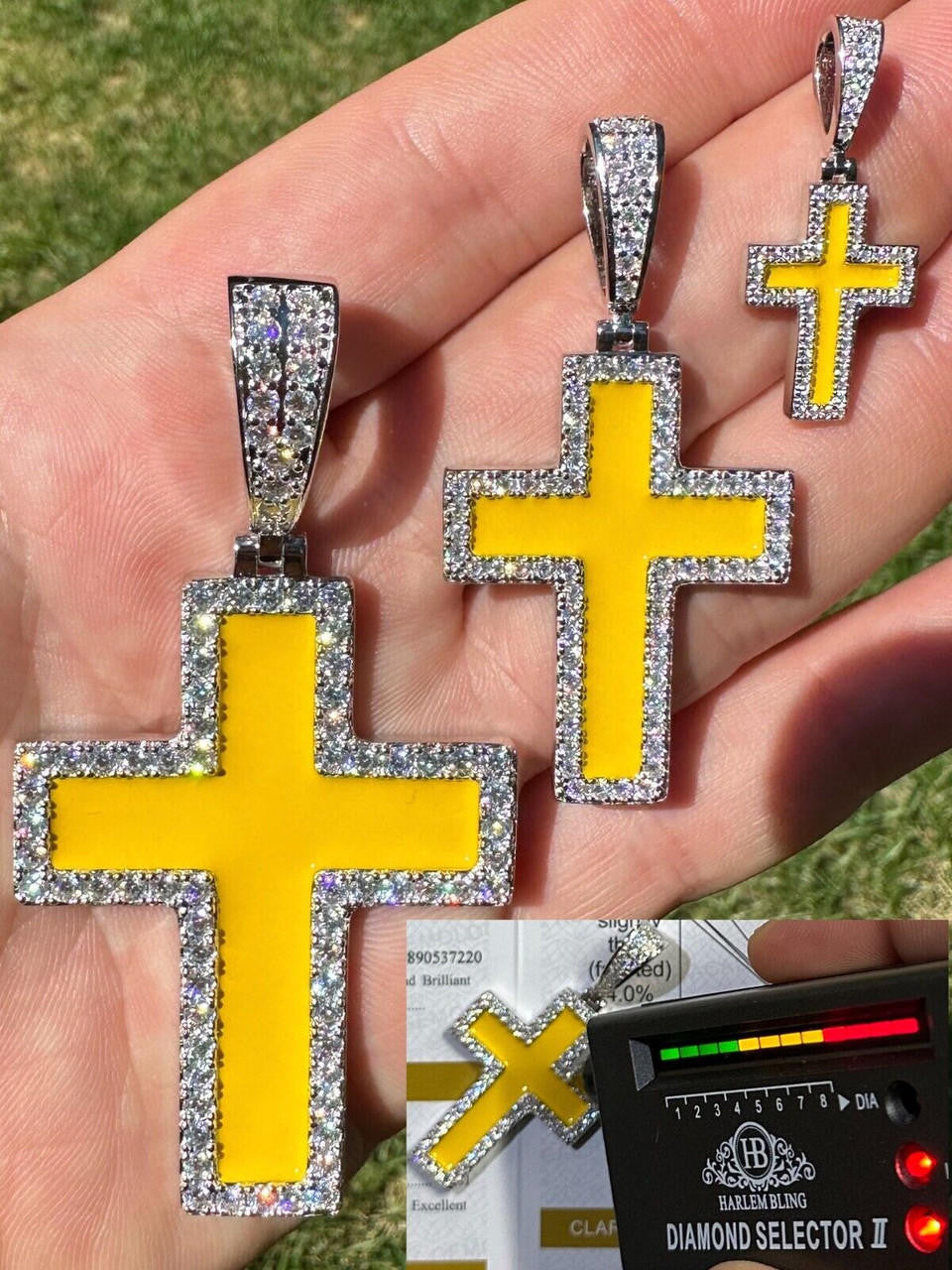 MOISSANITE Cross Pendant Iced Necklace Yellow Enamel Real 925 Silver 3 Sizes