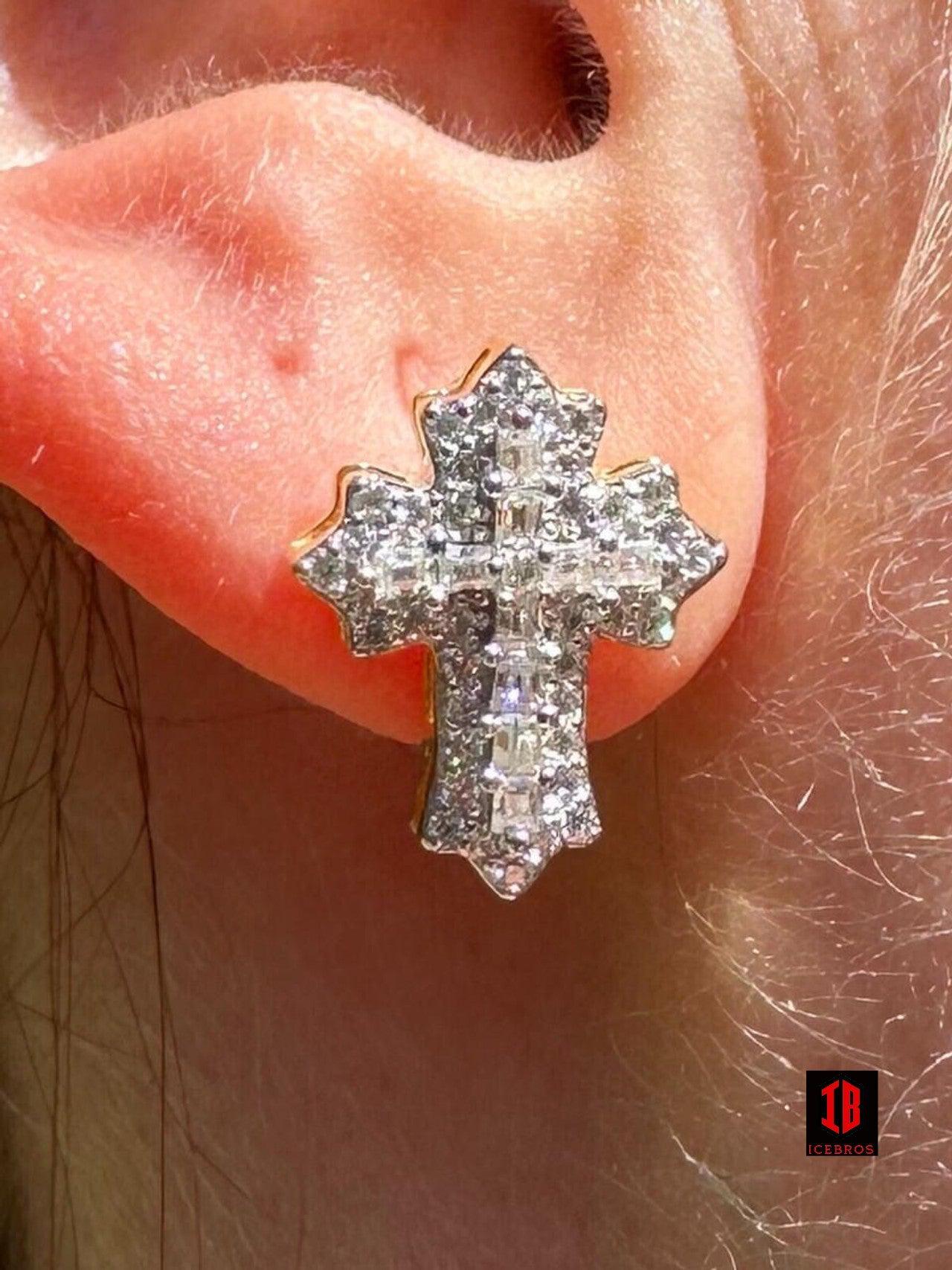 CZ  yellow gold Gothic Cross Large Earrings Real 925 Silver Iced Moissanite Hip Hop Mens Ladies