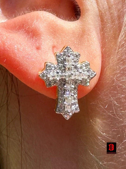 CZ  WHITE  gold Gothic Cross Large Earrings Real 925 Silver Iced Moissanite Hip Hop Mens Ladies