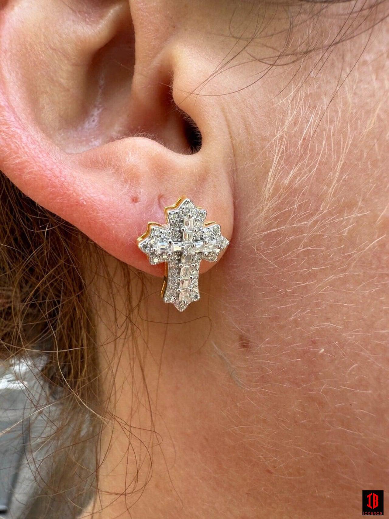 Gothic Cross Large Earrings Real 925 Silver Iced Moissanite Hip Hop Mens Ladies