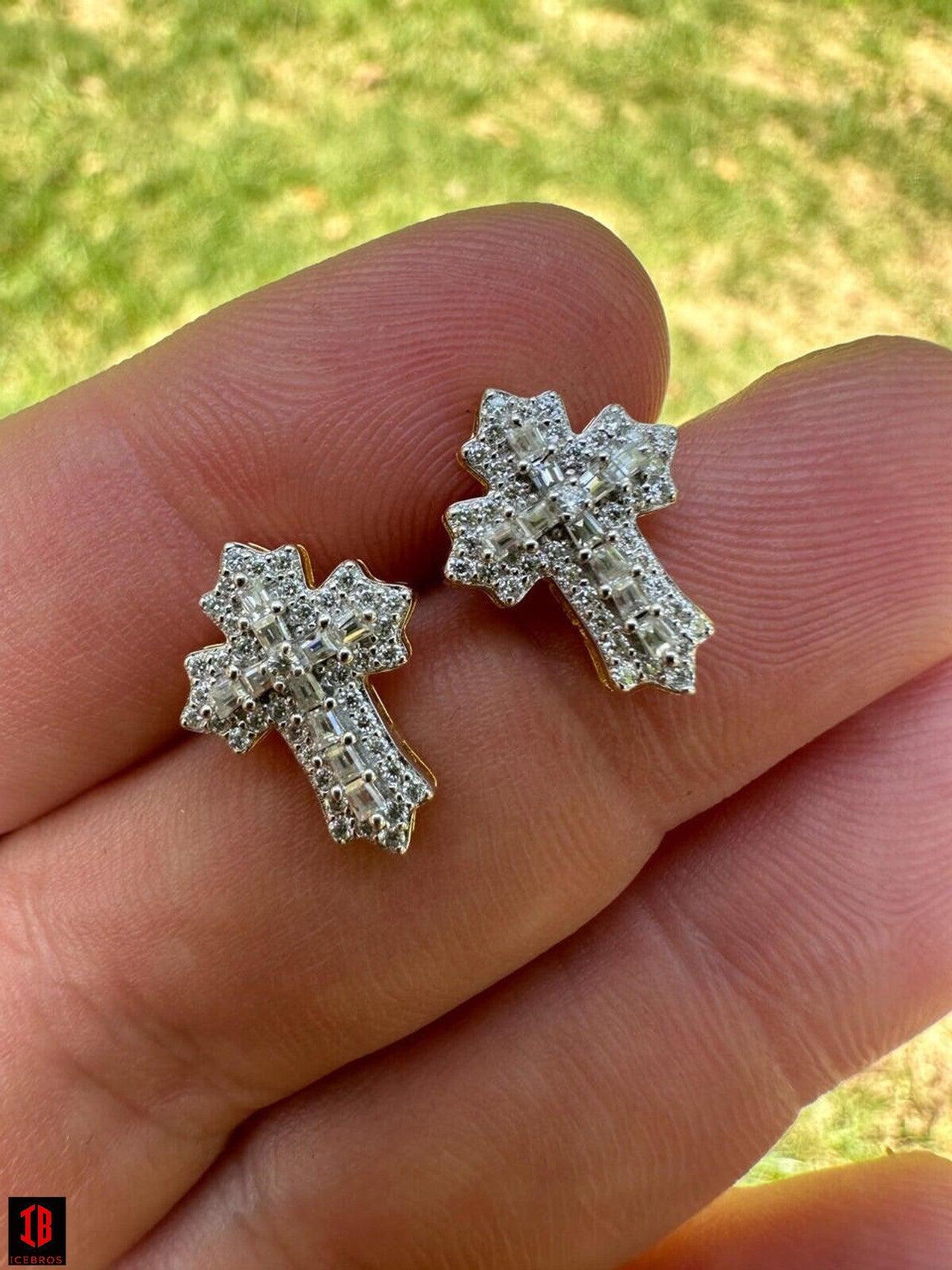 CZ  yellow gold Gothic Cross Large Earrings Real 925 Silver Iced Moissanite Hip Hop Mens Ladies