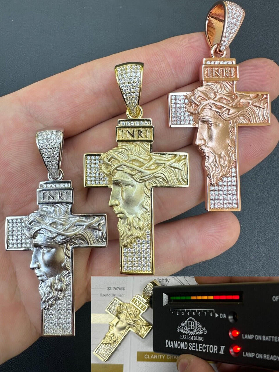 MOISSANITE Jesus Face On Cross Pendant Iced Necklace Real 925 Silver / 14k Gold