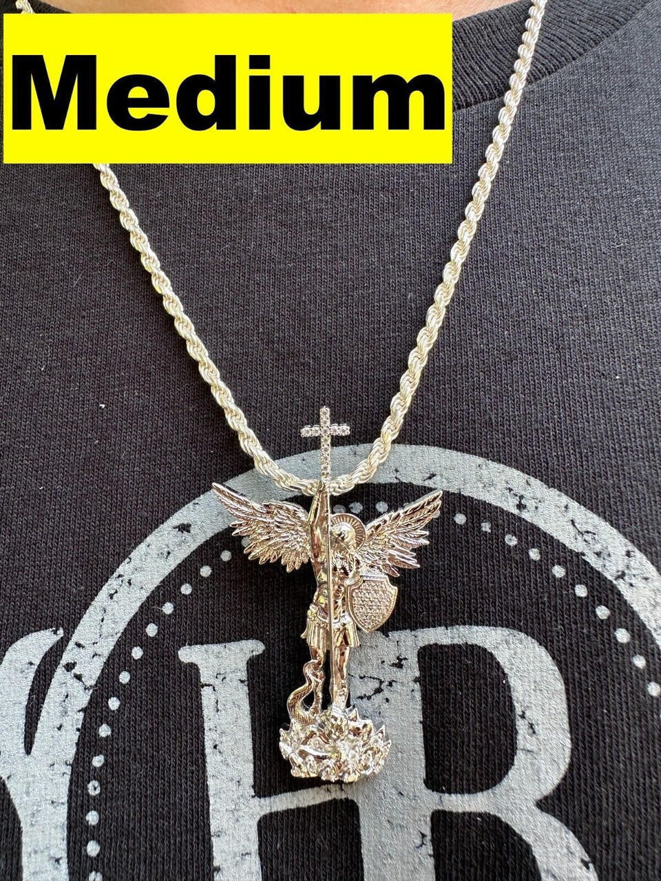 MOISSANITE Real Solid 10k White Gold Saint Michael Slaying Dragon Pendant