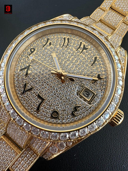 MOISSANITE Men's Gold Bust Down Presidential Watch Honeycomb Iced Arabic Dial