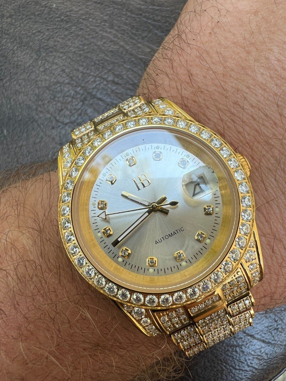 Real 13.3ct MOISSANITE Automatic Presidential Watch Gold Iced Hip Hop Pearl Face