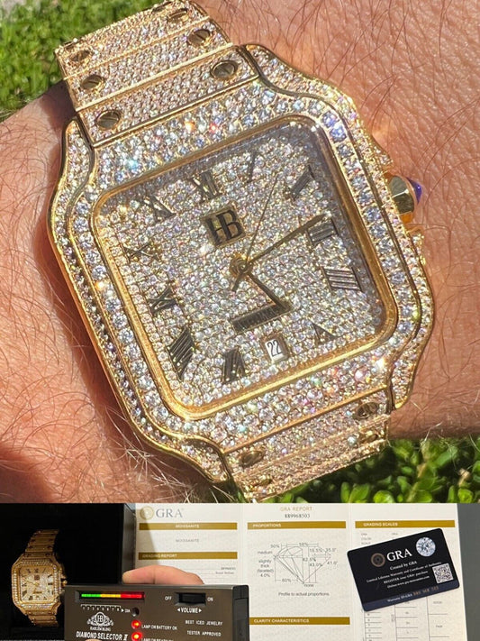 Real 16ct VVS MOISSANITE Mens Gold Watch Iced Sweeping Hand Automatic Hip Hop
