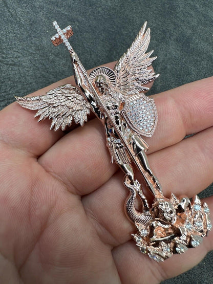 Glossy MOISSANITE Saint Michael Killing Dragon Demon 3D 14k Rose Gold Sand Blast 925 Matte Silver