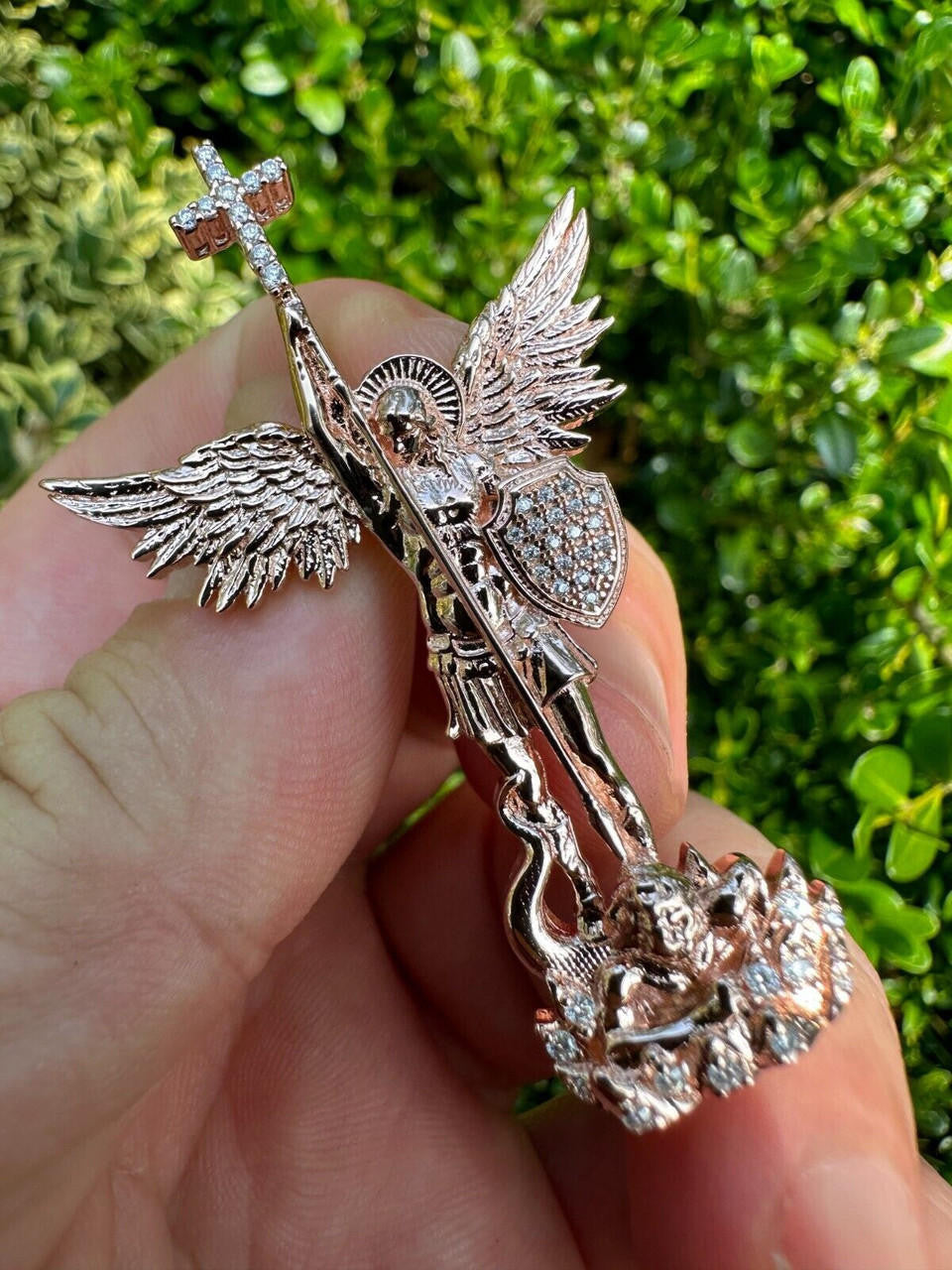 Glossy MOISSANITE Saint Michael Killing Dragon Demon 3D 14k Rose Gold Sand Blast 925 Matte Silver