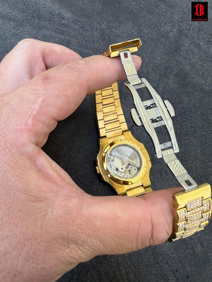 Real Mens Baguette 18K Gold Real MOISSANITE Watch Iced Automatic Movement HipHop