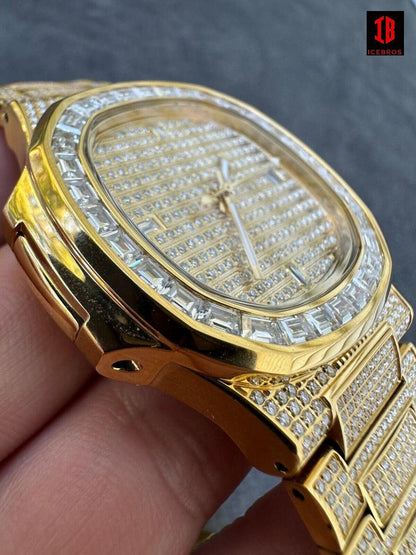 Real Mens Baguette 18K Gold Real MOISSANITE Watch Iced Automatic Movement HipHop