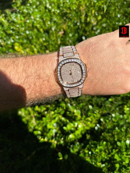 Real Mens Baguette WHITE Gold Real MOISSANITE Watch Iced Automatic Movement HipHop