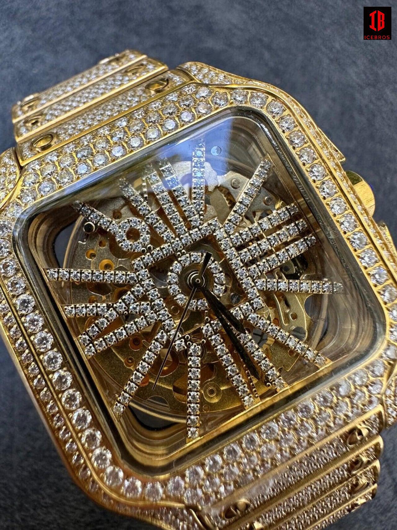 Real Mens MOISSANITE 14k Gold Watch Iced Automatic Movement Hip Hop Skeleton