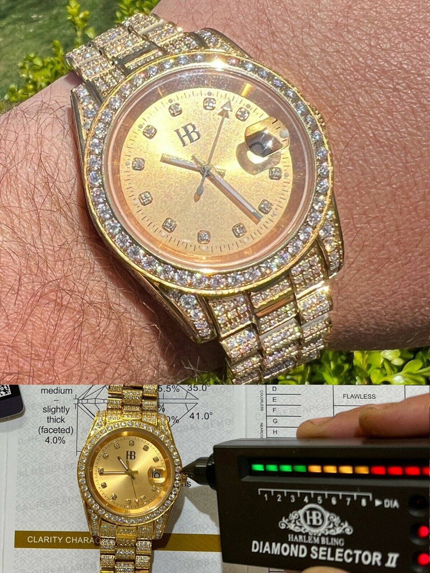 Real MOISSANITE Automatic Presidential Watch Gold Iced Hip Hop Pass Diamond Test