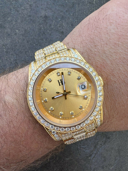 Real MOISSANITE Automatic Presidential Watch Gold Iced Hip Hop Pass Diamond Test