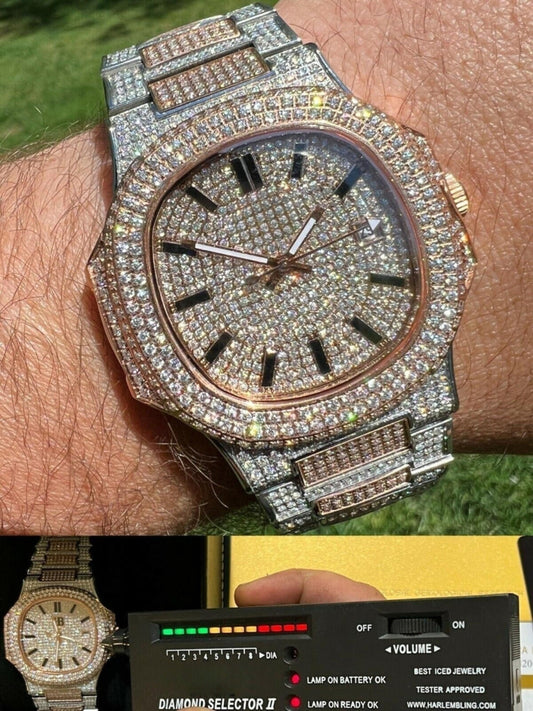 Real MOISSANITE Mens Watch Fully Iced Rose Stainless Hip Hop Passes Diamond Test