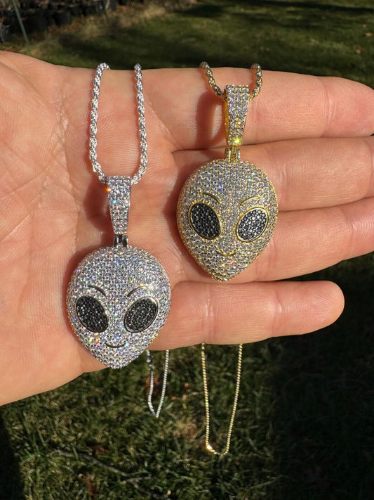 Real Moissanite Pendant Iced Alien Head UFO Emoji Necklace 925 Silver / 14k Gold