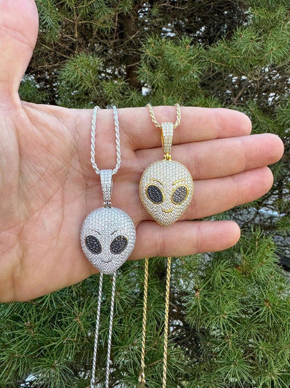 Real Moissanite Pendant Iced Alien Head UFO Emoji Necklace 925 Silver / 14k Gold