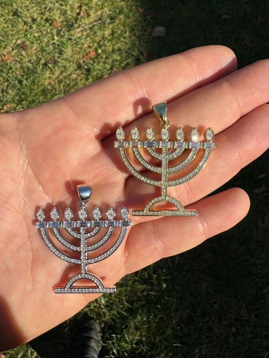 Real Moissanite Pendant Iced Jewish Menorah Hebrew Israelite Necklace 925 Silver