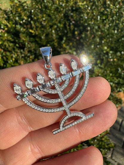 Real Moissanite Pendant Iced Jewish Menorah Hebrew Israelite Necklace 925 Silver